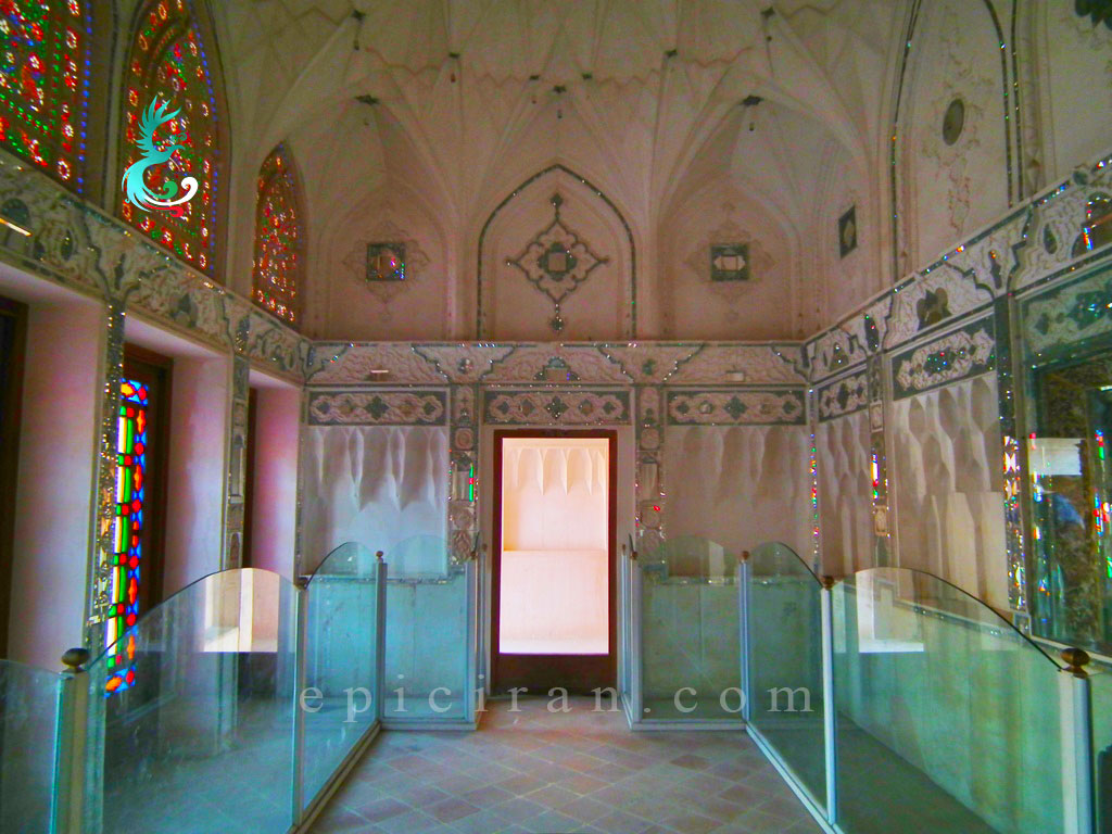 one of rooms of Abbasian house decorated by colorful glasses and mirrors