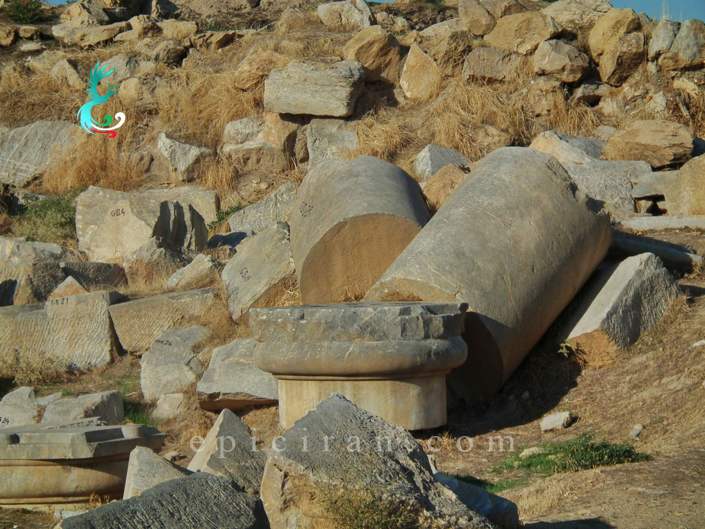 ancient stones like columns in anahita temple