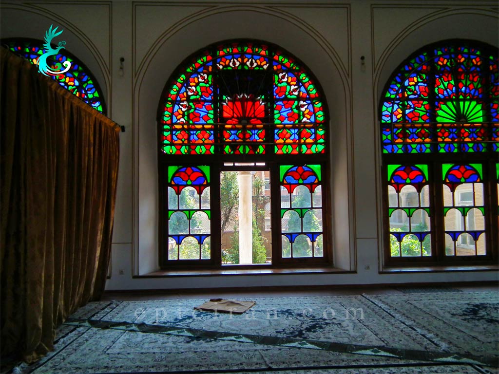 amazing coloful window inside Behnam Historical House in tabriz
