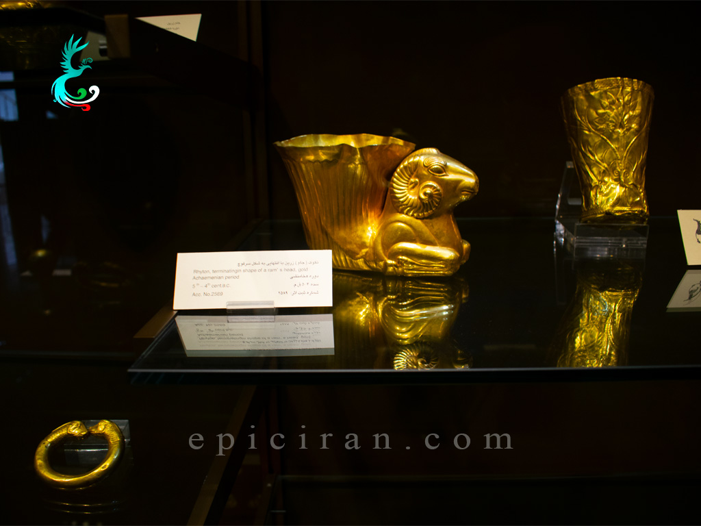 golden rhyton in showcase in reza abbasi museum in tehran