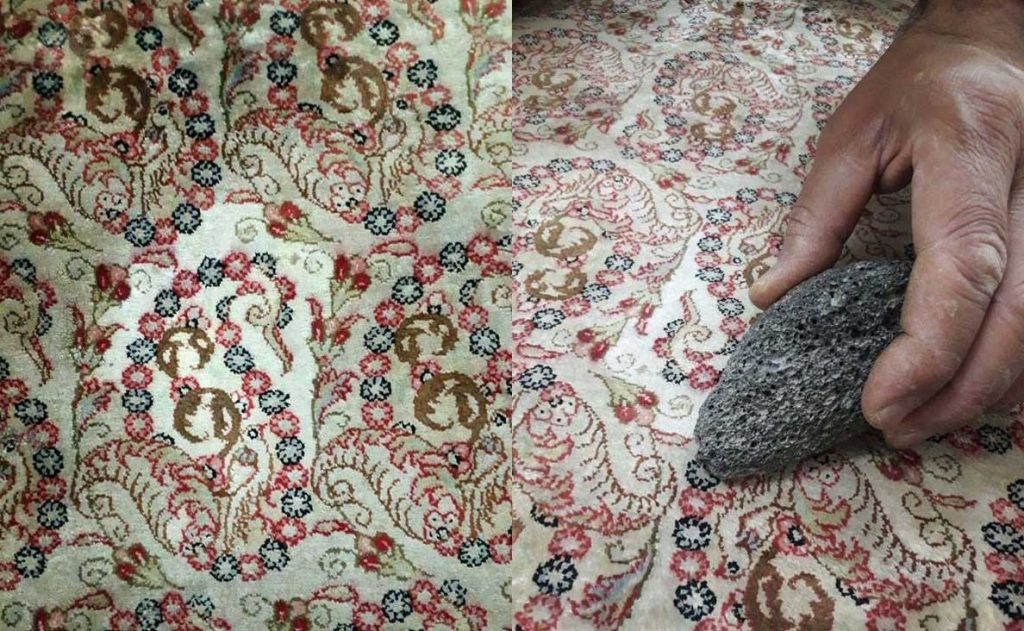 using pumice a the last step of Persian rug color correction operation