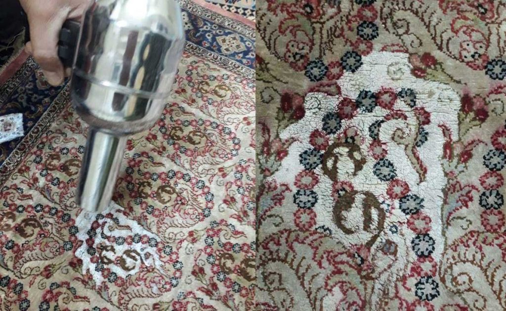 using hairdryer to dry solution that remained on the carpet due to Persian rug color correction